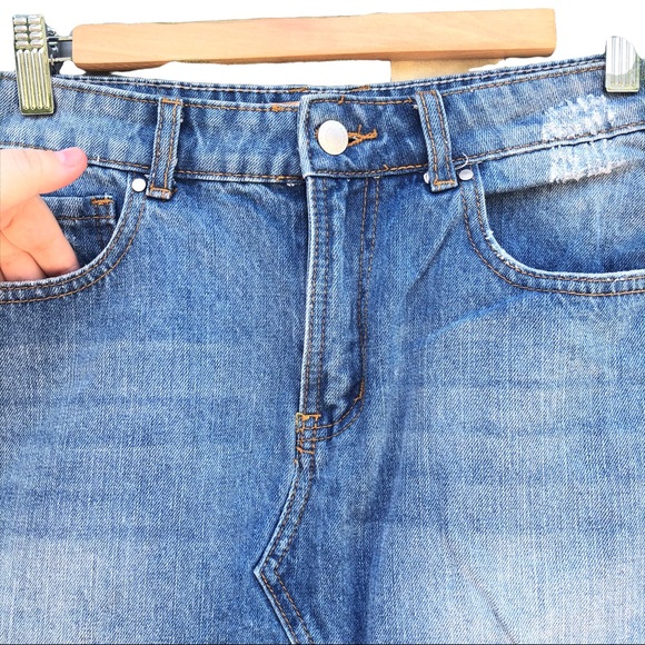 Free Heart Distressed Washed Raw Hem Denim Jean A Line High Rise Mini Skirt M - Picture 4 of 9